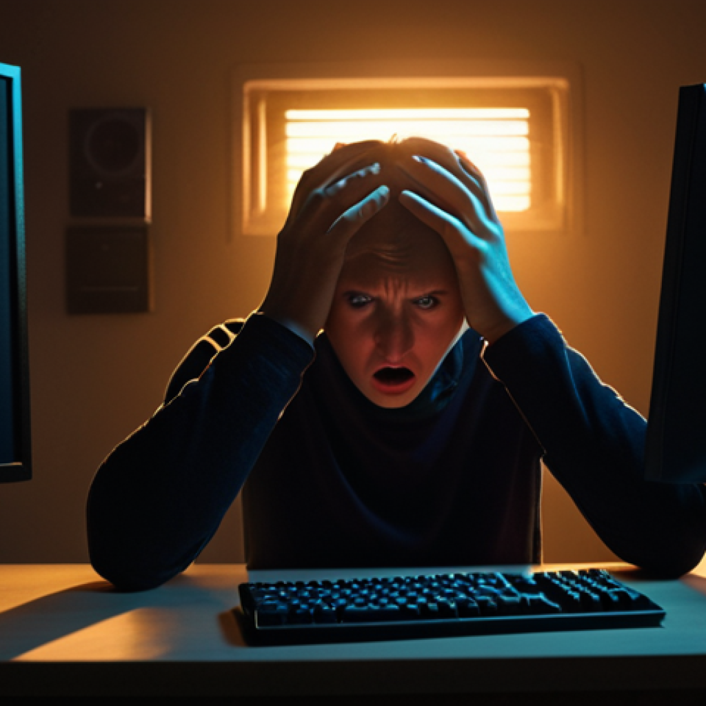**A frustrated person sitting in front of a computer, bathed in the light of the screen, with hands on their head in a gesture of panic. The room is dimly lit, emphasizing the glow of the monitor highlighting the silent audio issue.**