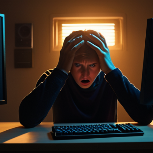 Home 18 **A frustrated person sitting in front of a computer, bathed in the light of the screen, with hands on their head in a gesture of panic. The room is dimly lit, emphasizing the glow of the monitor highlighting the silent audio issue.**