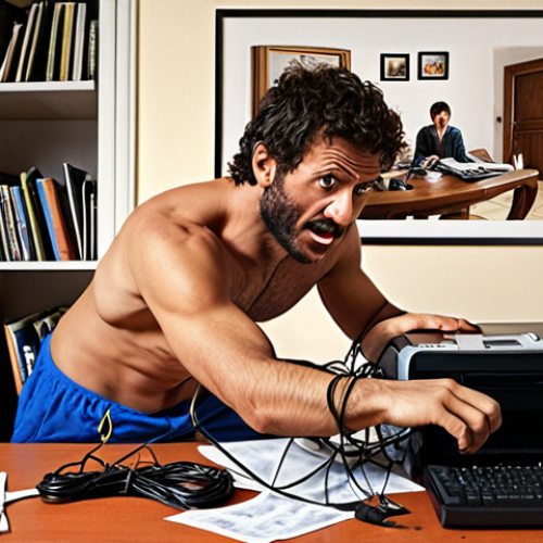 Home 17 **
A frustrated person wrestling with a printer and computer, surrounded by tangled cables. The scene is set in a typical Italian home office with a "calendario" on the wall and a "moka" pot on the desk. The prompt focuses on the common problem of finding the right printer driver, creating a relatable and humorous scene.
**