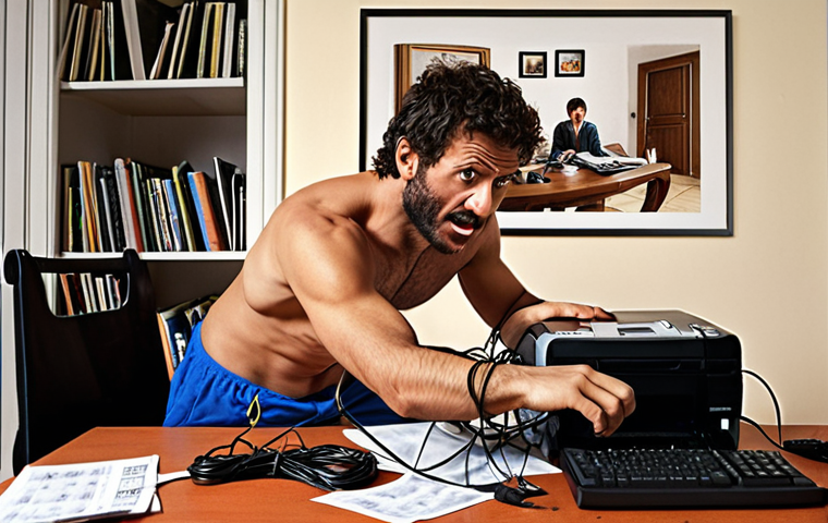**

A frustrated person wrestling with a printer and computer, surrounded by tangled cables. The scene is set in a typical Italian home office with a "calendario" on the wall and a "moka" pot on the desk. The prompt focuses on the common problem of finding the right printer driver, creating a relatable and humorous scene.

**