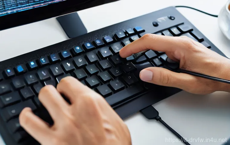 무선 키보드 펌웨어 업데이트 방법 - A stylized, futuristic depiction of a wireless keyboard centrally placed on a digital pedestal. The ...