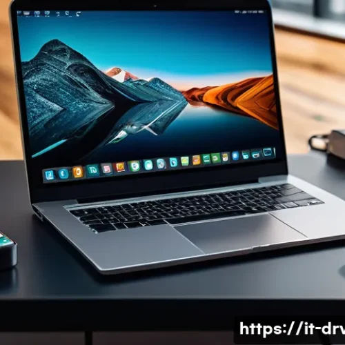 펌웨어 업데이트 시 필요한 도구 - A professional tech workspace featuring a certified USB cable connected between a modern laptop and ...