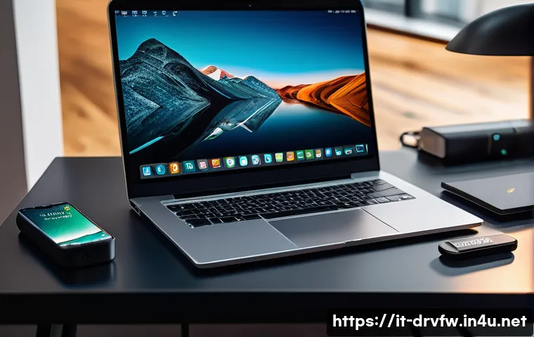 펌웨어 업데이트 시 필요한 도구 - A professional tech workspace featuring a certified USB cable connected between a modern laptop and ...