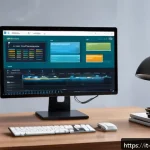 Home 21 SSD 펌웨어 업데이트 가이드 - A modern home office setup with a sleek desktop computer featuring an open SSD firmware update softw...