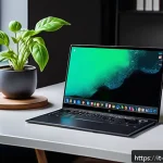 Home 19 외장 SSD의 최신 펌웨어 다운로드 방법 - A sleek modern home office setup featuring a high-end external SSD connected to a laptop via USB-C c...